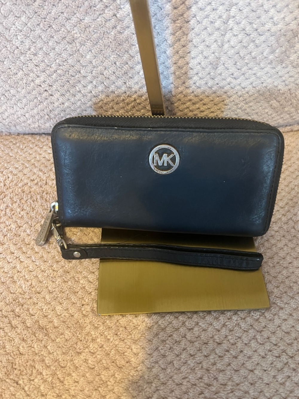 Michael Kors Vintage Black Leather Wristlet Wallet with Silver MK Logo